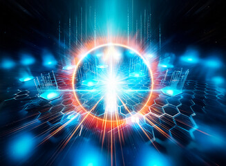 Obraz premium Abstract digital illustration of a secure network. Glowing blue hexagons form a honeycomb pattern, each containing a padlock symbol. Data streams rise from each hexagon, depicting network activity.