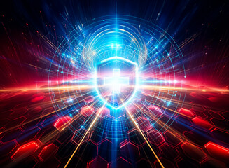 Obraz premium A glowing blue shield, emblazoned with a cross, sits at the center of a digital network, symbolizing technological health protection.