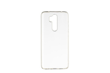 Clear phone case isolated on white background.
Minimalist product shot of a crystal-clear smartphone case
Studio photograph of a thin, transparent phone case.