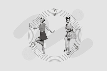 3d retro abstract creative collage artwork template of smiling happy ladies dancing having fun together isolated painting background