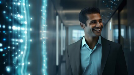 A smiling man in a suit standing in a modern hallway with glowing abstract lights. The scene conveys confidence, professionalism, and success.