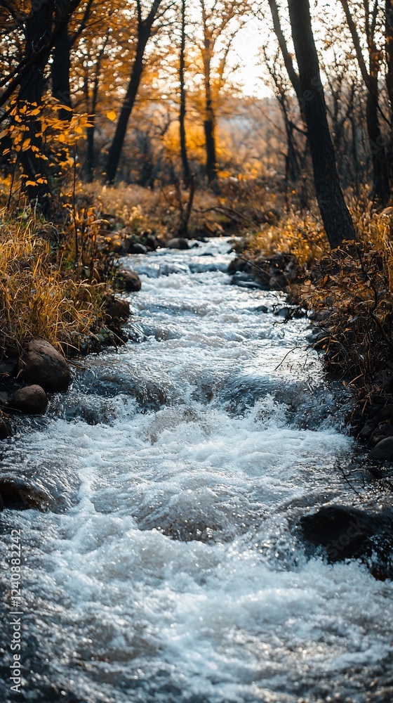 Poster Autumn stream flows through forest; sunlight filters through leaves