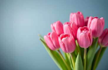 Fototapeta premium Beautiful bouquet of tulip flowers on blue background. Greeting for International Women's Day on March 8th. Selective focus, blurred background.