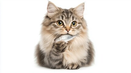 A cat with bright eyes, sitting upright while holding a shiny silver fish in its mouth.