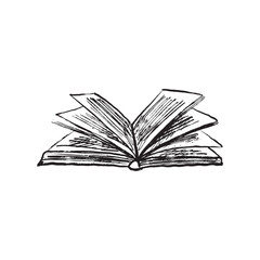Opened book with paper pages in brush stroke texture. Hand drawn vector sketch illustration in vintage charcoal ink style. Reading, library concept, book store, back to school, study process
