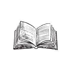 Opened book with paper pages in brush stroke texture. Hand drawn vector sketch illustration in vintage charcoal ink style. Reading, library concept, book store, back to school, study process