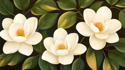 A serene composition featuring three elegant white magnolia flowers surrounded by lush green leaves on a dark background.
