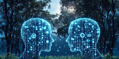 Glowing Blue Circuit Paths and Binary Numbers Form a Head in Profile on a Dark Background