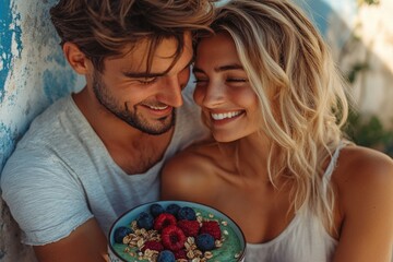 A happy couple shares a delicious and healthy smoothie bowl, topped with fresh berries and granola.