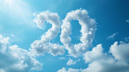 Clouds forming the number 20 against a bright blue sky, symbolizing celebration, age milestones, or anniversaries.