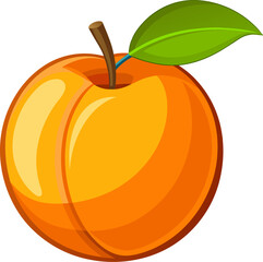 A vibrant, stylized illustration of an orange peach with a green leaf.