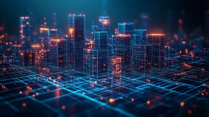 Obraz premium Futuristic digital skyline with glowing buildings and a grid, symbolizing technology, innovation, and urban development.