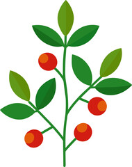 A stylized illustration of a branch with green leaves and red berries.