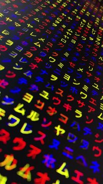 コンピュータ空間のランダムな文字列・さまざまな文字を含むデータベース・エンコードされたプログラム内のデータセット・数学的計算・大規模言語モデル・機械翻訳・カタカナ・日本語・縦長・ビデオ
