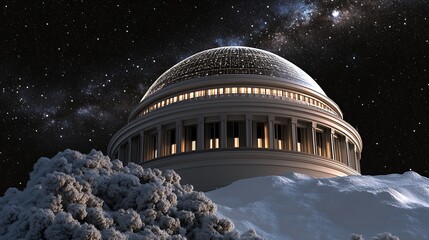 Obraz premium A majestic observatory dome under a starry night sky, surrounded by snow-covered terrain