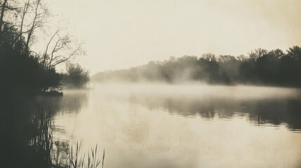Fototapeta premium Misty morning reflections on serene river nature scene tranquil environment still water landscape photography