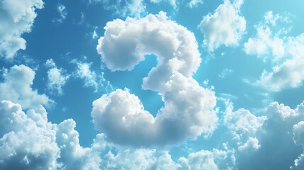 A whimsical cloud formation resembling the number 3 against a bright blue sky filled with fluffy white clouds.