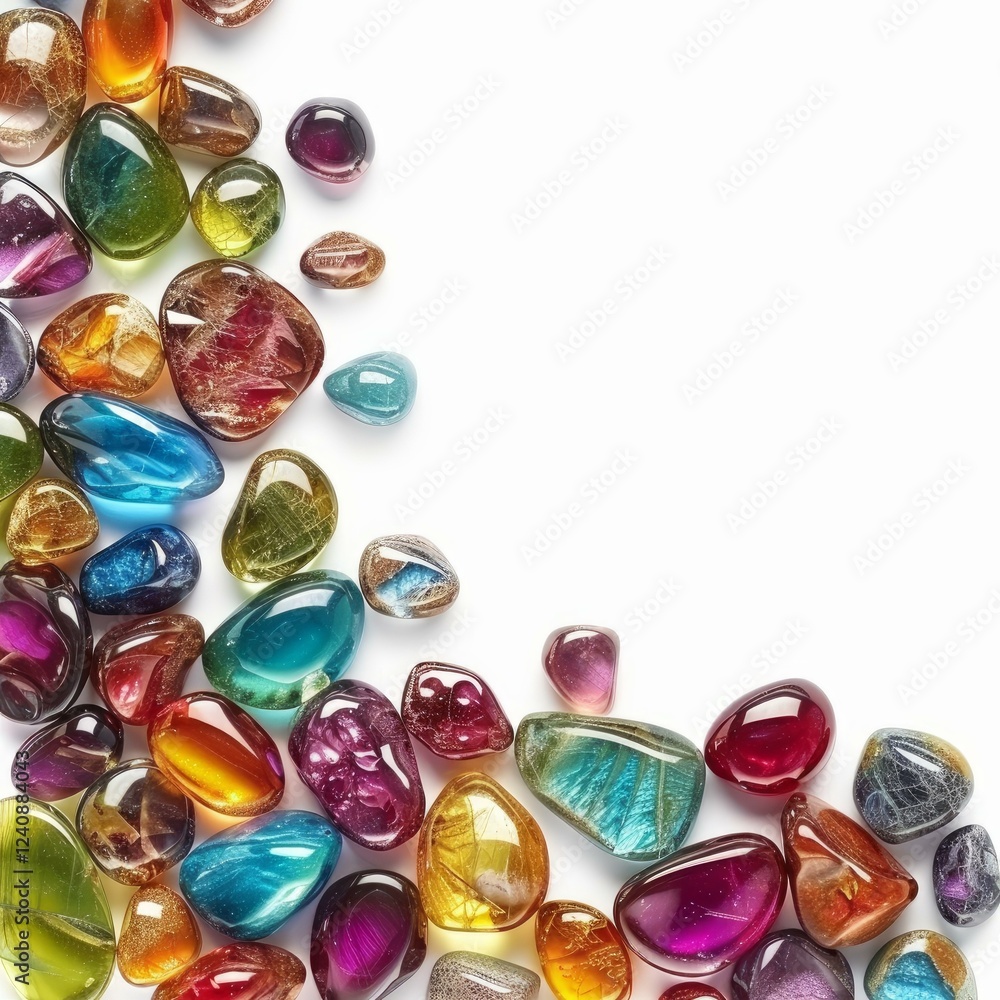 Poster polished gemstones of various colors creating a diagonal line on a white background
