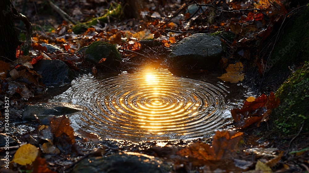 Poster autumn sunlight reflects in forest puddle, creating concentric ripples; nature background