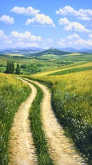 Serene Countryside Vista: A Winding Road Through Rolling Hills and Lush Fields