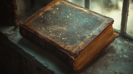 Aged Leather Book on Dusty Window Sill