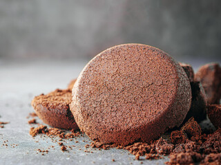 Close-up of coffee grounds from espresso machine. coffee ground on gray background