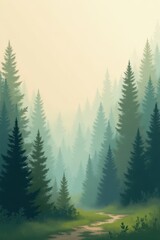 Fototapeta premium Serene Forest Landscape Shrouded in Ethereal Fog with Towering Trees