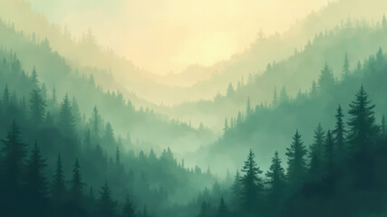 Obraz premium Enchanted Forest Scene with Thick Fog and Majestic Coniferous Trees