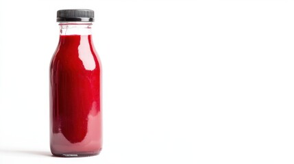 A glass bottle filled with vibrant red liquid, showcasing a smooth surface and a metallic cap, set against a minimalistic white background.