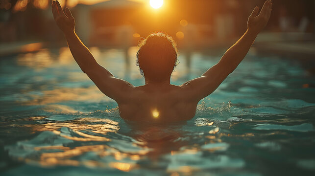 Sunset Silhouette Man Swimming Pool, Peaceful Summer Relaxation with Calm Blue Water.
