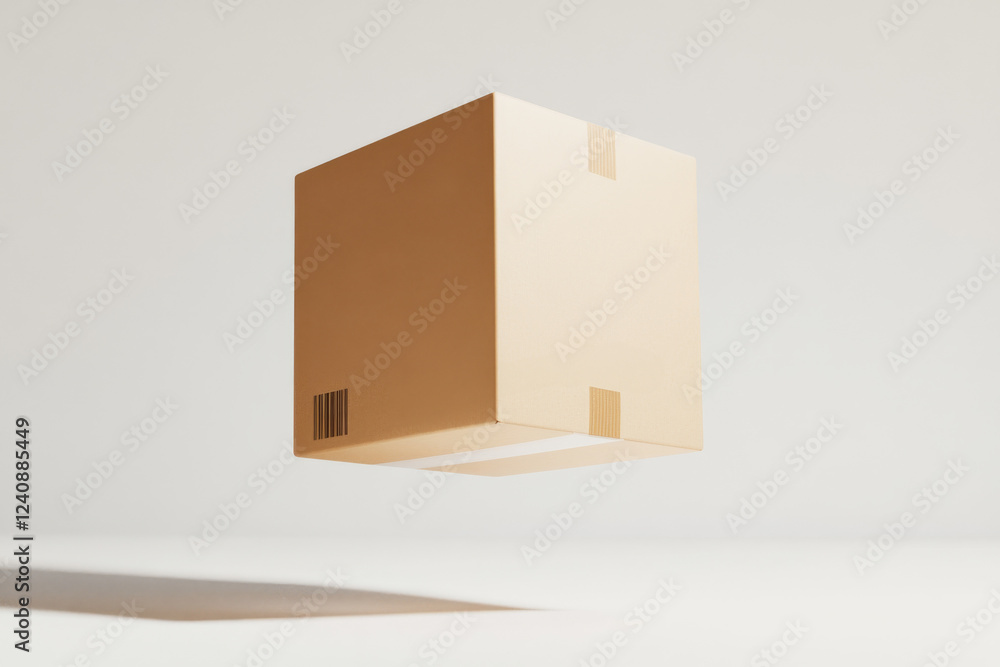 Poster Floating cardboard box in minimalistic setting with soft shadows and neutral background