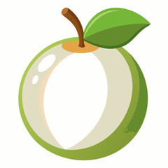 A stylized green fruit illustration with a leaf and stem.