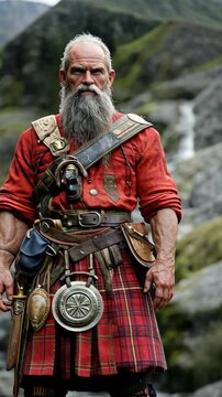 Highlander warrior stands proud in traditional attire amidst rugged Scottish landscape near a waterfall