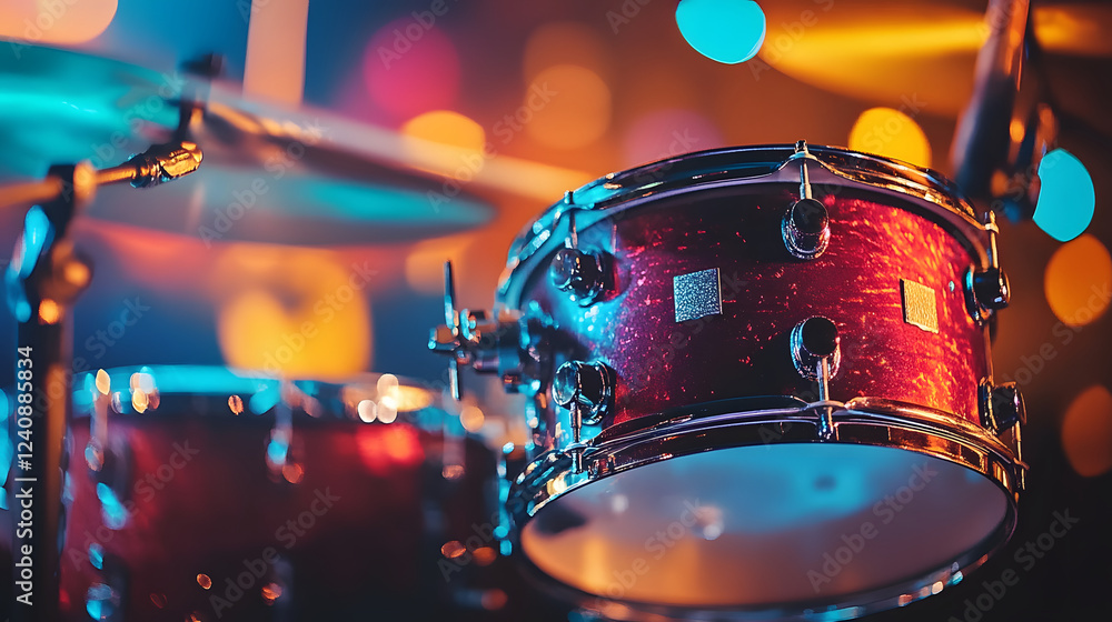 Poster a vibrant close-up of a red snare drum, featuring shiny metallic hardware and colorful bokeh lights 