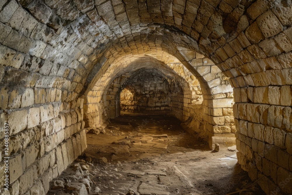 Poster sunbeams illuminate ancient ruins of vaulted passage, creating captivating scene of historical explo