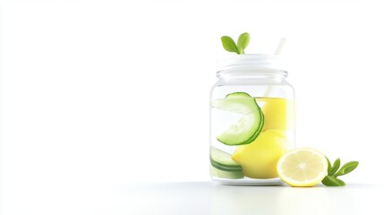 Fototapeta premium A refreshing jar of lemon and cucumber-infused water garnished with mint leaves, ideal for hydration and wellness.