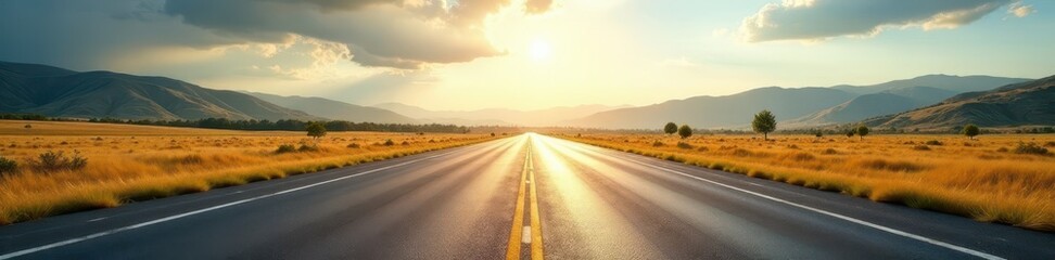 Fototapeta premium Empty tarmac disappearing into distant hills, sun-dappled canopy overhead, countryside, outdoor, road trip