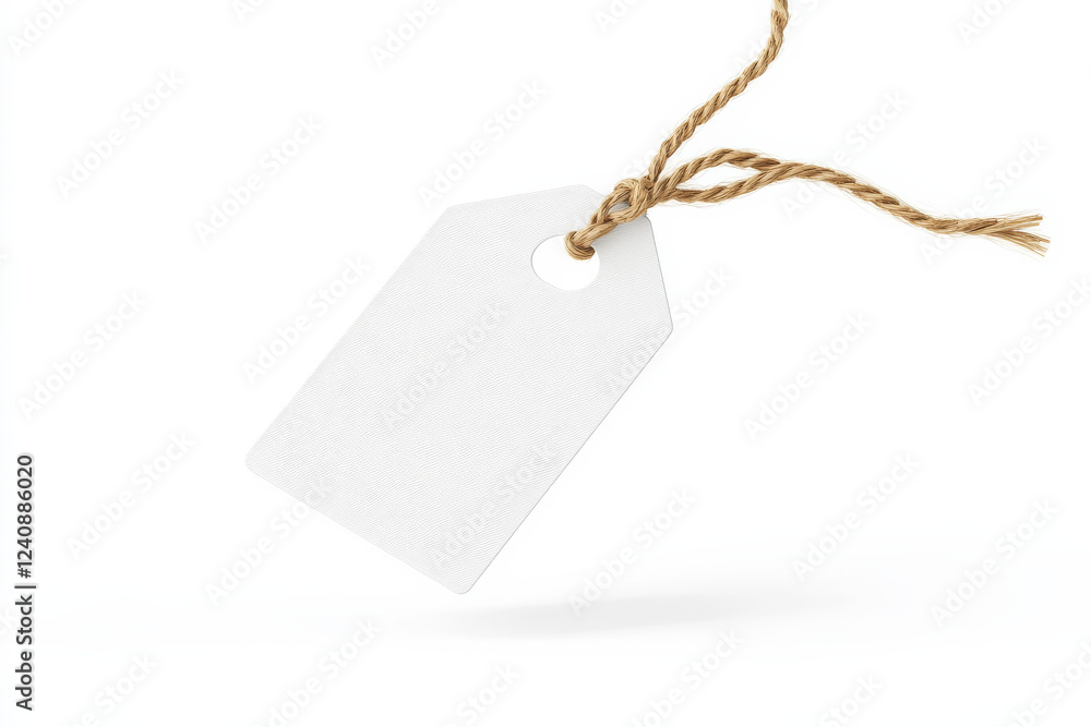 Aufkleber simple white price tag with string attachment hanging in mid-air for retail display and pricing purp