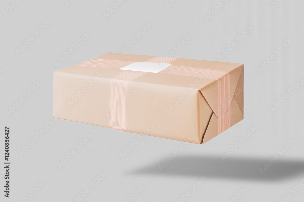 Poster floating parcel on a plain background demonstrating a sleek and minimalistic packaging design