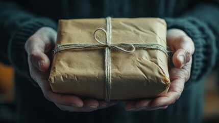 Hands Offering a Rustic Brown Paper Wrapped Gift