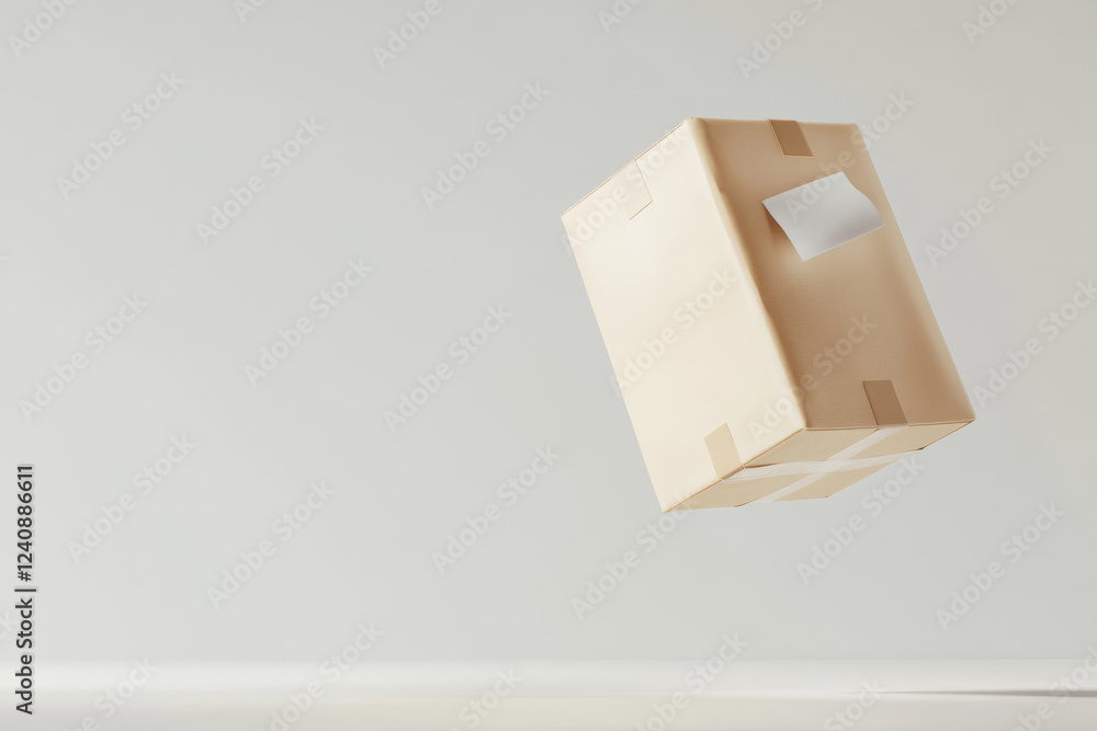 Poster floating cardboard box in a minimalistic indoor setting with neutral colors and soft lighting
