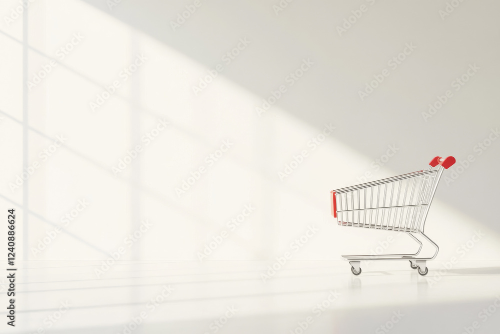 Poster shiny shopping cart placed on a bright, minimalistic floor with intriguing shadow patterns