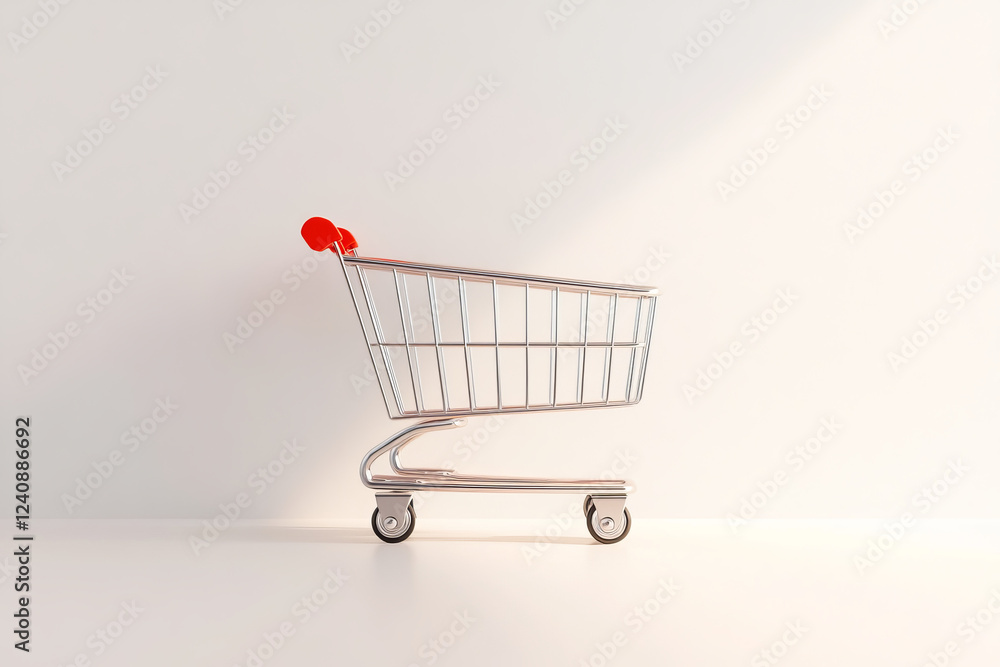 Poster shiny shopping cart with red handle positioned against a bright background