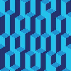 Vector isometric seamless pattern. Infinitely repetitive cubical prism pattern in blue. Assymetrical and chaotic, random. Visual illusion, 3D backdrop