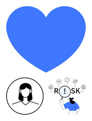 Blue heart, circular black-and-white avatar, and person analyzing RISK with magnifying glass. Ideal for safety, love, health, analysis, decision-making awareness and trust topics. Abstract line