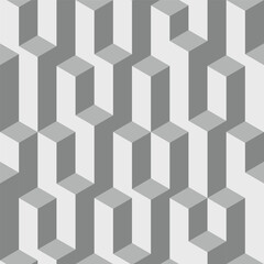 Vector isometric seamless pattern. Infinitely repetitive cubical prism pattern in black and white, shades of grey. Assymetrical and chaotic, random texture. Visual illusion, 3D background