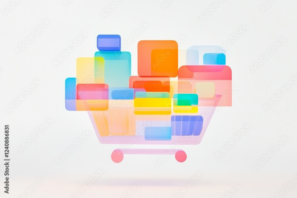 Poster colorful abstract render of shopping cart filled with various items on a light background