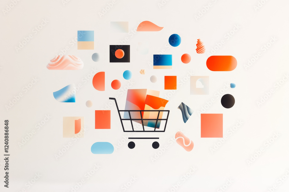 Poster creative shopping cart graphic design with colorful abstract shapes and elements in a minimalist sty