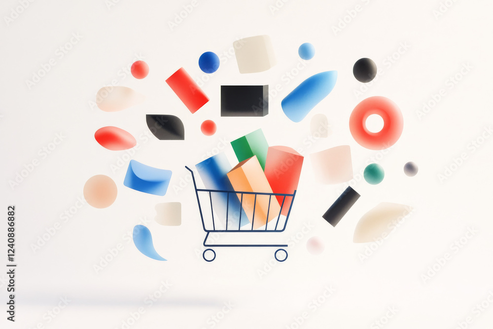 Poster Creative abstract rendering of grocery items in a cart against a minimalistic background