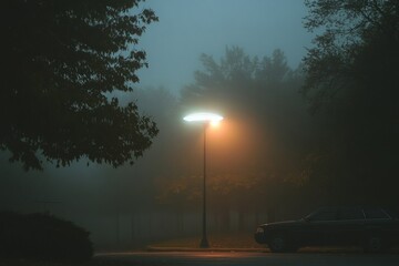 Fototapeta premium Fog envelops streetlamp and parked car in dimly lit evening atmosphere